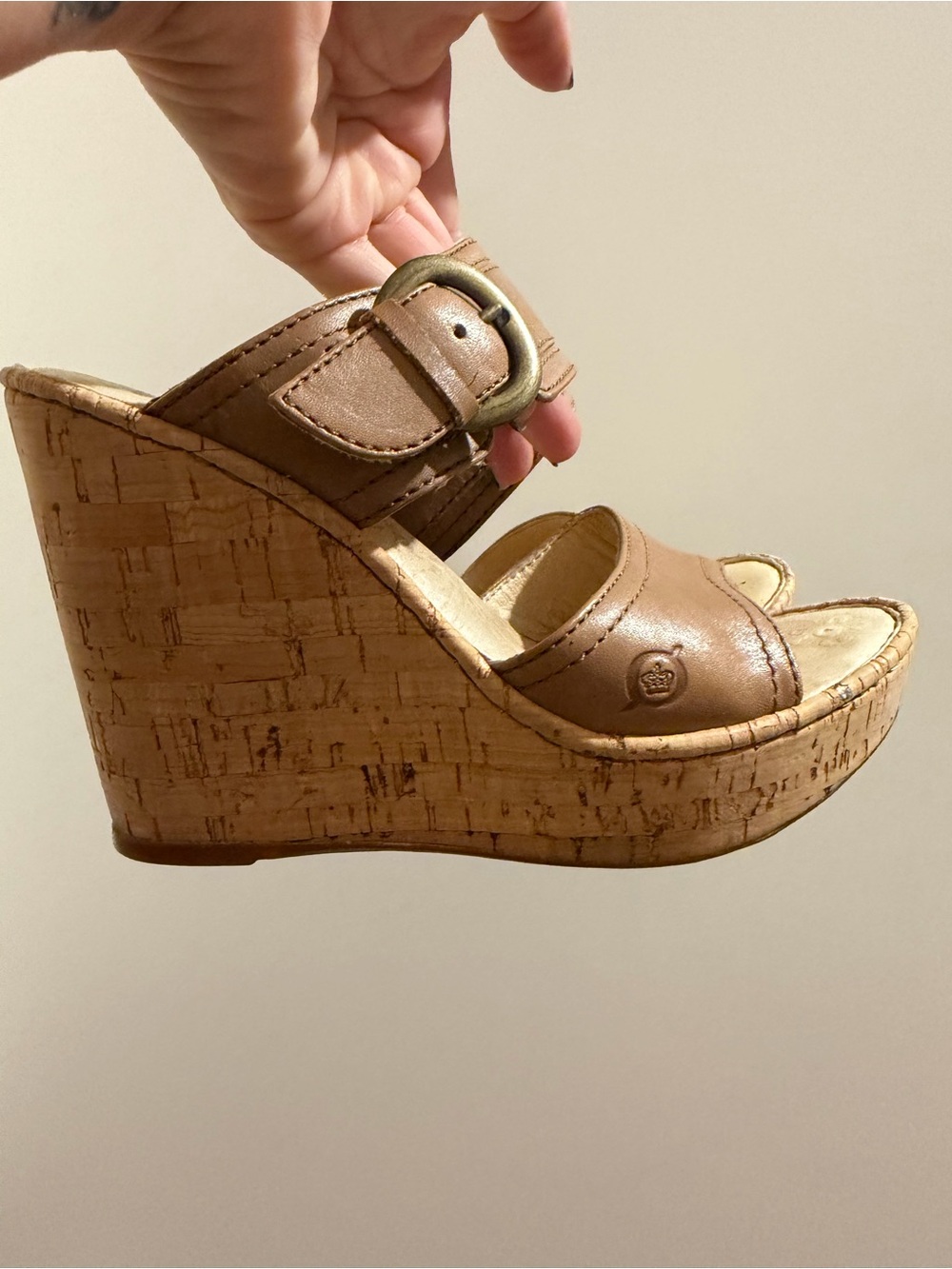 Born Tan Cork leather Wedge Slide with Buckle